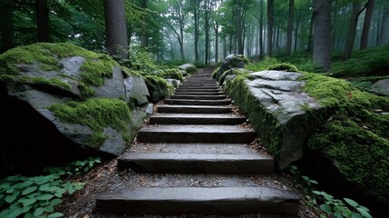 Obraz premium A moss covered stone staircase leading up to a forest. The moss is green and the stones are grey. The image has a peaceful and serene mood
