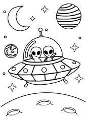 Hand drawn outer space coloring page for kids featuring cute aliens in a flying saucer