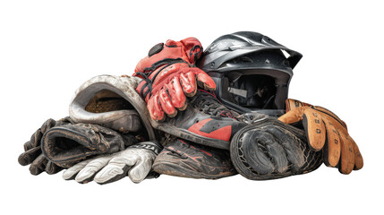 Assorted worn-out sports gear including gloves and helmets isolated on a Transparent background, PNG file.