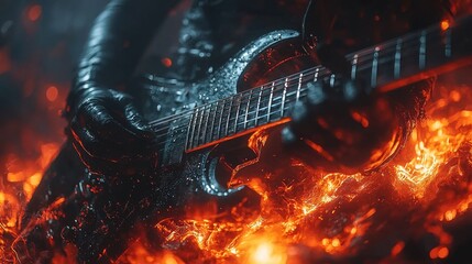 Musician playing electric guitar amidst fiery effects