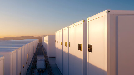 Endless rows of modular structures bask in the golden light. A serene landscape frames a world of data storage and innovation, blending industry with natural beauty.