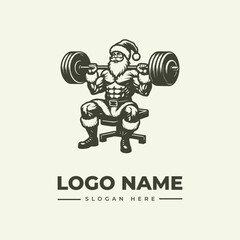 A muscular Santa Claus in a Santa hat lifting a barbell while sitting on an office chair with a vector illustration style and a bold, graphic design on a beige background.
