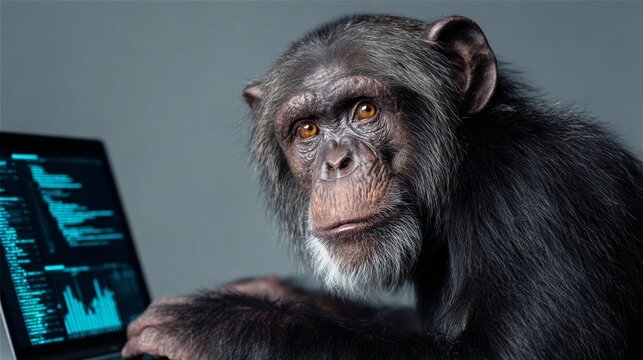 A monkey is sitting on a laptop computer and looking at the camera. The monkey appears to be curious about the computer and its contents