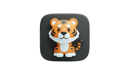 Cute 3D Tiger Icon on Black Square Background