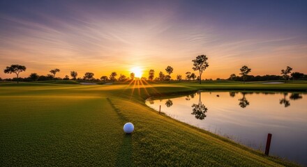 Golf course at sunset with a golf ball on the green and a pond in the background.