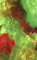 Bright painted red, green and yellow watercolor splash isolated on black background. Hand drawn texture
