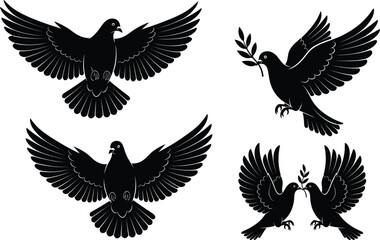 Obraz premium Black Dove Silhouettes Vector Set: Symbol of Peace, Freedom, Love, and Hope; Flying Birds with Olive Branches for Spiritual and Decorative Design Concepts.