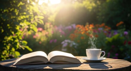 A white cup of steaming hot coffee sits on a wooden table in a garden, with a book open on the table in the foreground.