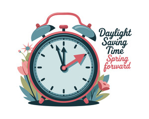 Daylight Saving Time banner. The clocks moves forward one hour. Floral decoration with pink flowers. Spring clock changes concept for web, emailing. Modern flat design, cartoon vector illustration