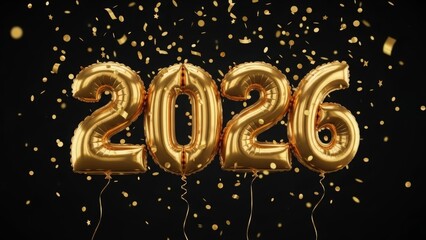 Golden Balloons Forming 2026 Number with Falling Confetti new year