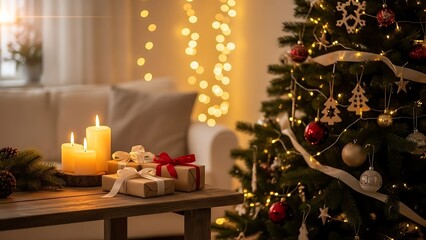Cozy living room with Christmas tree and gifts on wooden table