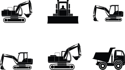 Black silhouette construction vehicles, excavators, bulldozer, dump truck, heavy machinery vector set for building, excavation, earthmoving, industrial equipment, and construction site design projects © Nur-Nobin Creations