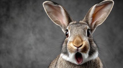 Fototapeta premium A rabbit with its ears up and mouth open. The rabbit is looking at the camera and he is surprised