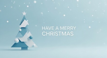 A blue and white Christmas tree with snowflakes on a light blue background.