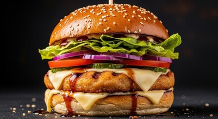 A delicious chicken burger with lettuce, tomato, onion, and cheese on a sesame seed bun.