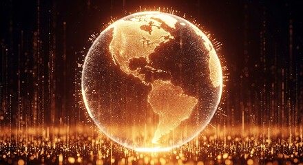 A vibrant orange, digital globe hologram, highlighting North and South America, surrounded by glowing data points and vertical light streams against a dark, futuristic background.
