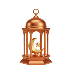 Golden Ramadan Lantern with Crescent Moon and Star, Islamic 3D Illustration