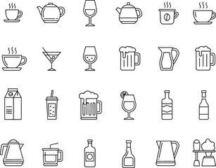 Drink And Juice linear icon set, linear icon collection, fruit drink line icon, Juice icon set in linear style, alcohol vector icon set, vector illustration
