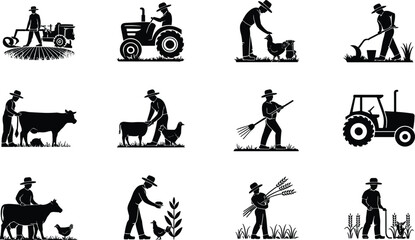 Black silhouette farming illustrations, agricultural work scenes with people, animals, and crops, vector art for rural life, farm, and harvest design projects