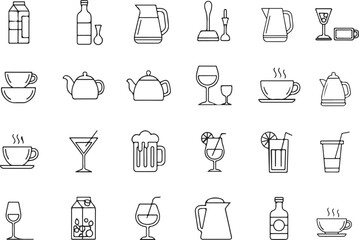 Drink And Juice linear icon set, linear icon collection, fruit drink line icon, Juice icon set in linear style, alcohol vector icon set, vector illustration