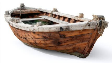 A boat with a rope tied to it. The boat is old and has a wooden frame. The rope is tied to the boat's side