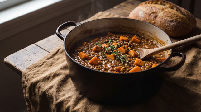 Hearty lentil stew with carrots and herbs in a pot, served with fresh bread on a rustic wooden table for a comforting meal.