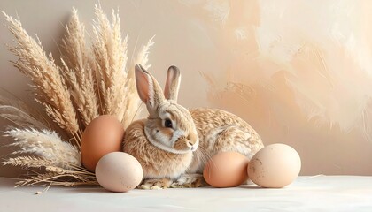 A stylized Easter arrangement featuring "Boho" elements: dried pampas grass, terracotta-colored eggs, and a light brown rabbit