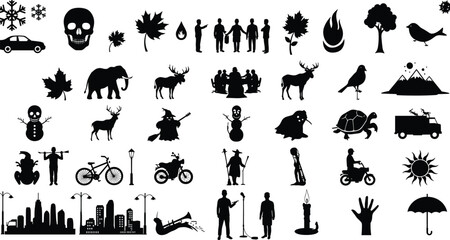 Black silhouette icon collection featuring animals, nature, cityscape, people, Halloween, music, transportation, winter, witch, sun, umbrella, snowman, motorcycle, bike, skull vector set.