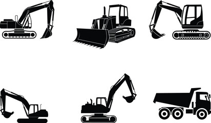Black silhouette construction vehicles, excavators, bulldozer, dump truck, heavy machinery vector set for building, excavation, earthmoving, industrial equipment, and construction site design projects © Nur-Nobin Creations