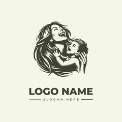 A heartwarming vector illustration of a mother and child laughing together, with a simple logo design and placeholder text on a clean background.