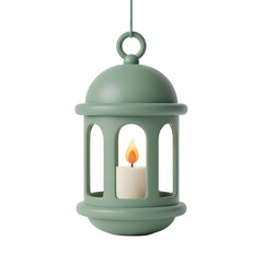 Green Hanging Islamic Lantern with Candle Light, Ramadan 3D Illustration