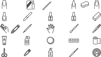 Fototapeta premium Manicure pedicure icons set, nail care tools symbols, beauty salon equipment outline vector illustration collection for cosmetic design projects marketing