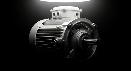 Industrial Electric Motor Spotlighted on Black Background.
