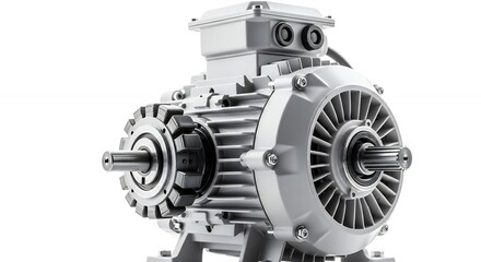 Industrial Electric Motor with Exposed Components on White Background.