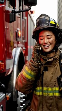 Smiling female firefighter in protective gear communicates near a fire truck after successfully completing an emergency response in the city