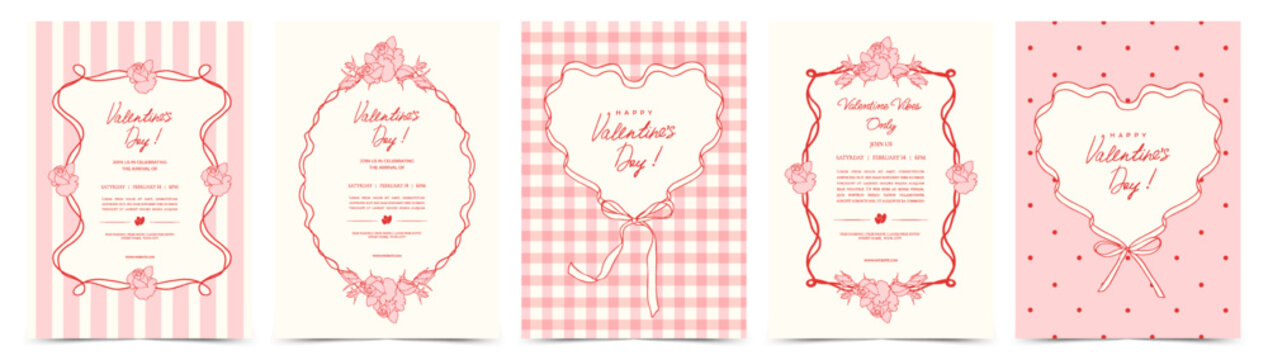 Vintage floral frames, rose borders and ribbon heart frames. Romantic coquette template for Valentine&rsquo;s Day or  wedding celebration, invitation, greeting card, poster, branding, label