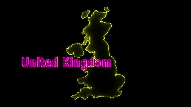 Glowing neon United Kingdom map and futuristic design concept, Motion graphic 4k video.