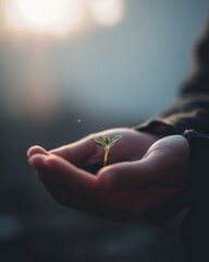 Person holding green plant seedling in soil symbolizing new life and hope
