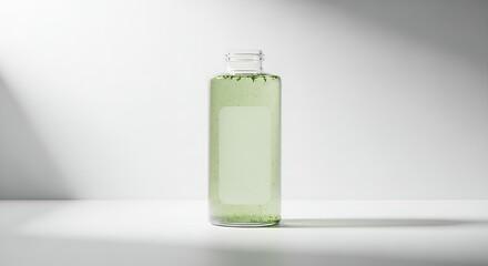 Minimalist clear bottle with green liquid on white background with natural light and shadows.