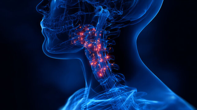 X ray neck tonsil infection medical illustration blue glowing inflamed tonsil