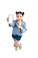 Full body young Asian woman showing her smartphone in a fashionable way on PNG