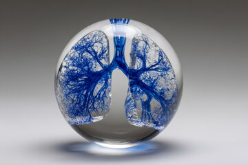 Glass lung art, blue vein river, medical organ concept, clean health symbol