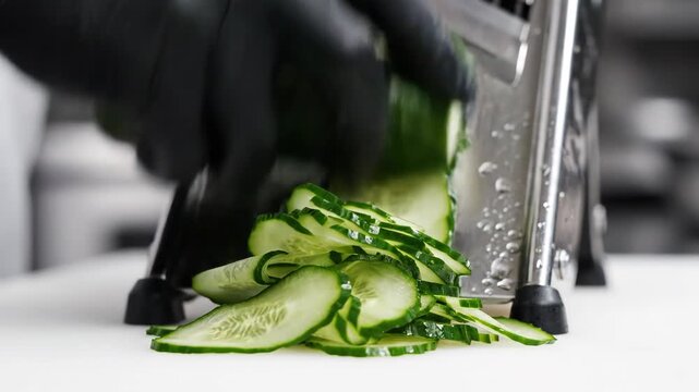 Chef Slicing Cucumber with Mandoline Slicer for Culinary Preparation.