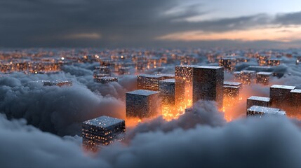 Futuristic cityscape with glowing skyscrapers rising above clouds