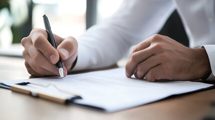 A business professional signing an official document. The paperwork rests on a wooden desk as the person seals the agreement with a pen in their hand. Action and corporate setting.