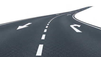 Asphalt Road with White Lane Markings Splitting on Black highway street isolated on a transparent background