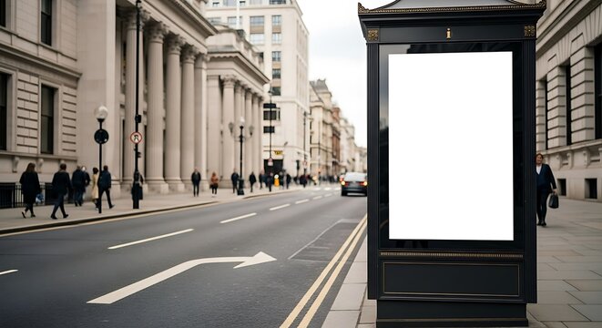 Blank billboard on a city street with pedestrians and cars, offering advertising space in a bustling urban environment on a cloudy day