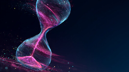 Glowing hourglass with swirling cosmic particles and vibrant pink and blue light streams time