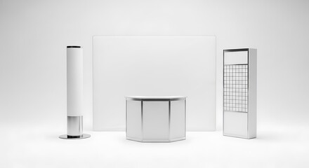 Minimalist exhibition stand set isolated on white background, featuring a sleek counter, display cabinet, and column for a modern presentation