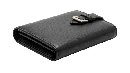 Black Leather Wallet with Silver Buckle Closure on Black Background Keywords: wallet, black isolated on a transparent background